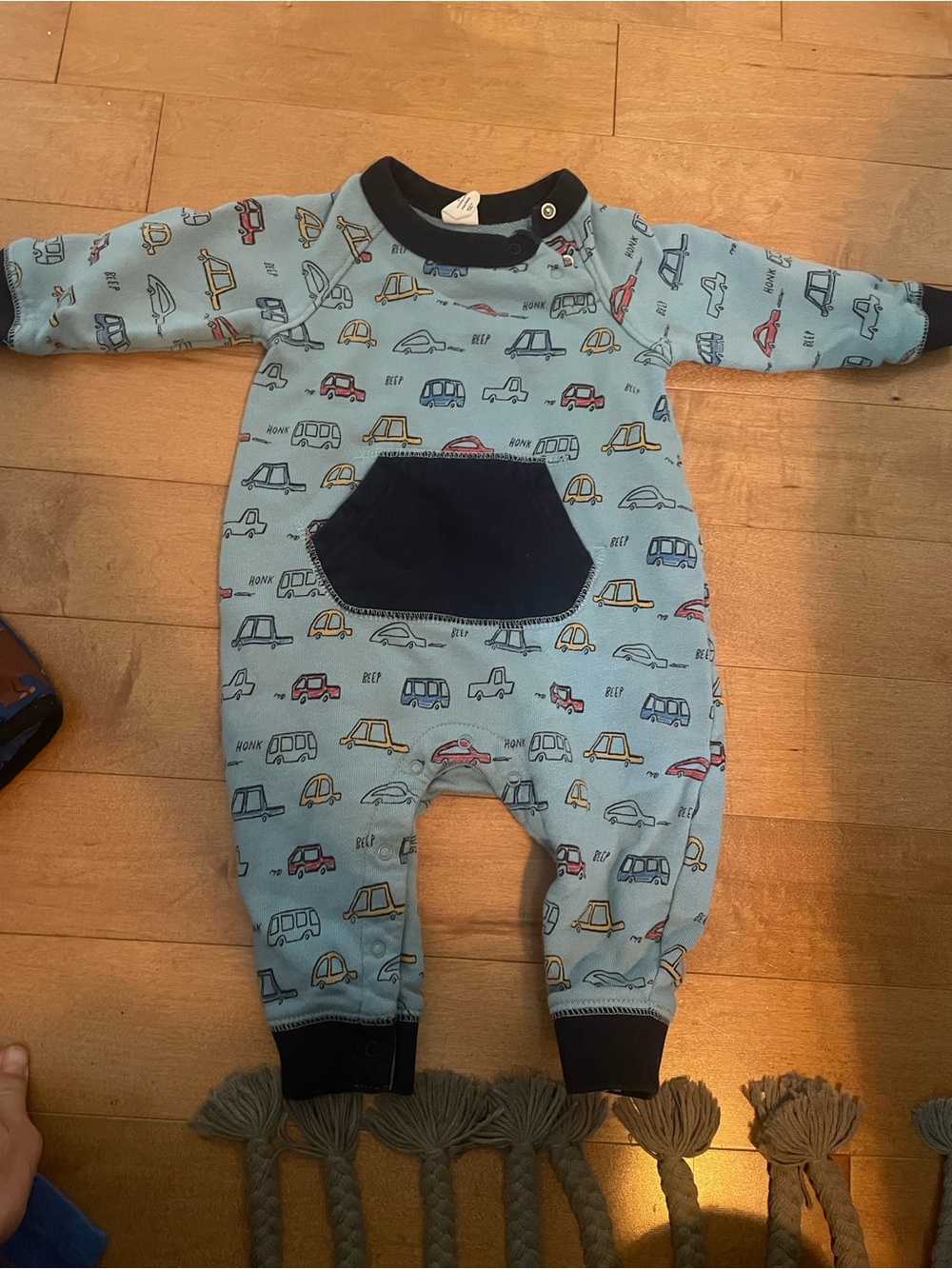 Gap Kids Light Blue Baby One-Piece with Car Print and Navy Pocket 6-12 months